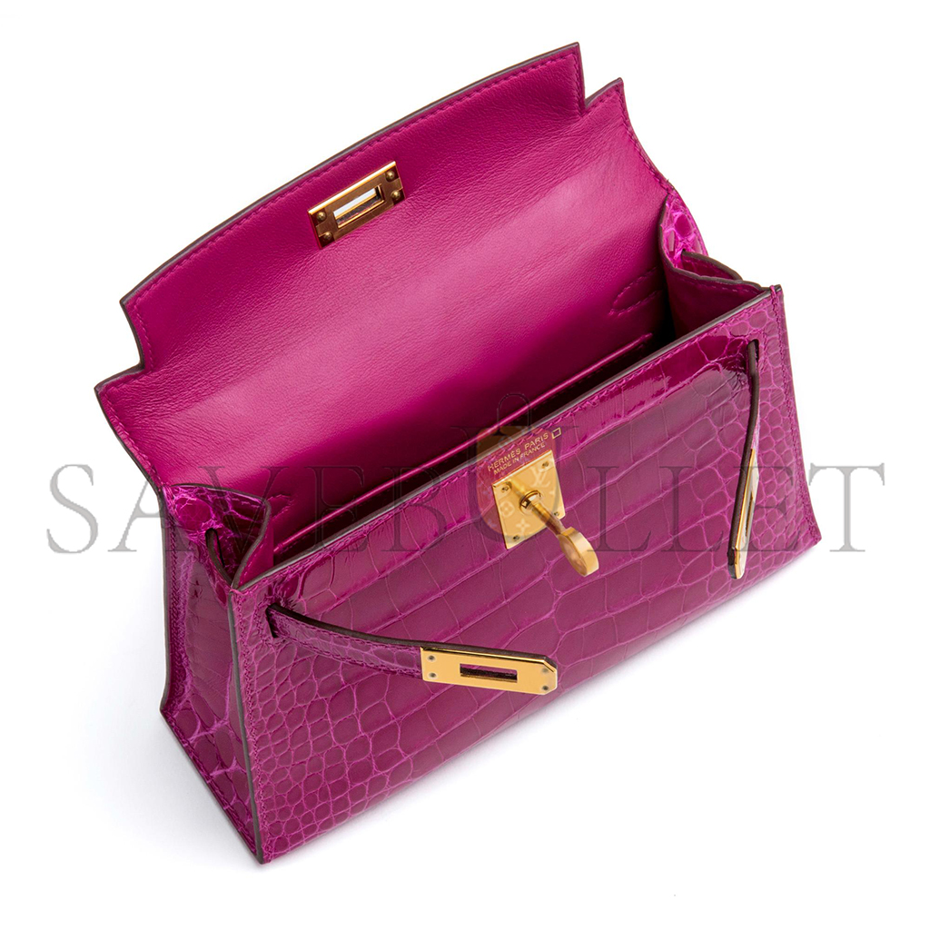 H**mes master mini kelly ii glossy alligator rose (19*12*5.5cm)